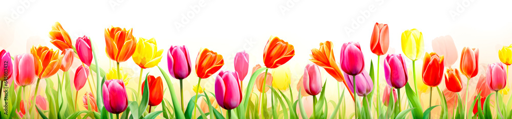 Tulip flowers on white background. Horizontal banner.