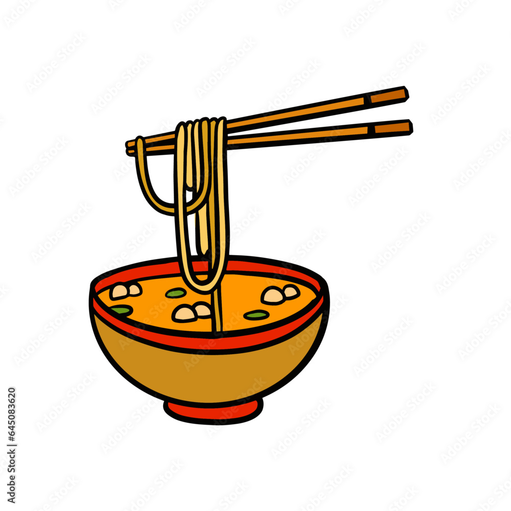 Ramen noodles and wooden sticks in bowl. Chopsticks with long pasta. Asian Japanese and Chinese food. Ramen noodles and wooden sticks in bowl. Chopsticks with long pasta. Asian Japanese and Chinese food.