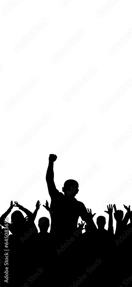 Crowd of people silhouette, vertical banner. Leader man, cheerful people. Vector illustration. Crowd of people silhouette, vertical banner. Leader man, cheerful people. Vector illustration.