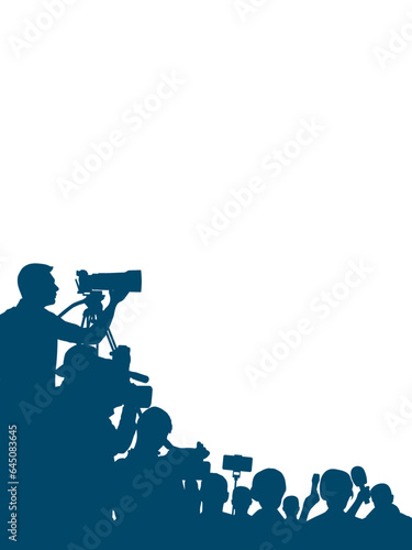 Journalists are interviewing, silhouette. Press conference of reporters. Crowd of people with video cameras and microphones. Vector illustration
