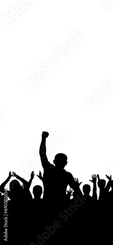 Crowd of people silhouette, vertical banner. Leader man, cheerful people. Vector illustration.