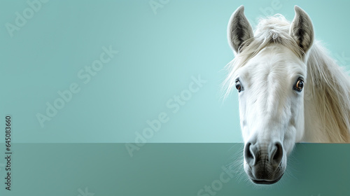 text space for advertising with funny part as portrait of a horse peeking over a colored panal photo