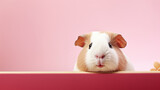 text space for advertising with funny part as portrait of a guinea pig peeking over a colored panal