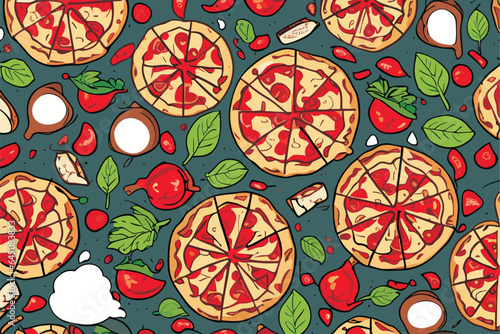 Vector pattern with slices of round pizza
with sausage, herbs, mayonnaise and tomatoes
on a black background.