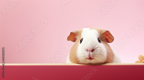 text space for advertising with funny part as portrait of a guinea pig peeking over a colored panal photo