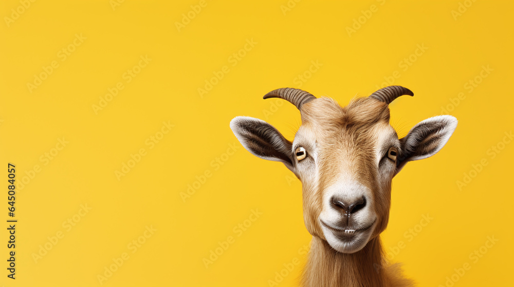 text space for advertising with funny part as portrait of a goat peeking over a colored panal