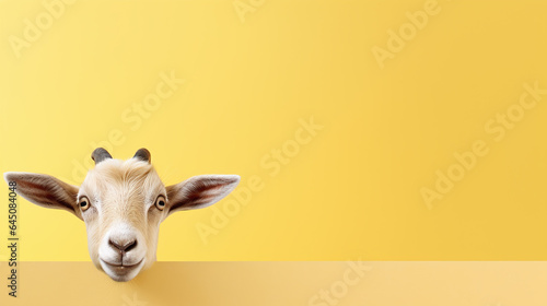 text space for advertising with funny part as portrait of a goat peeking over a colored panal photo