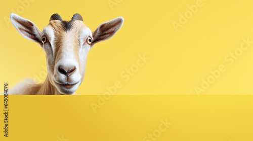 text space for advertising with funny part as portrait of a goat peeking over a colored panal