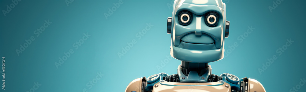 Fototapeta premium humanoid robot on blue background with empty space for text