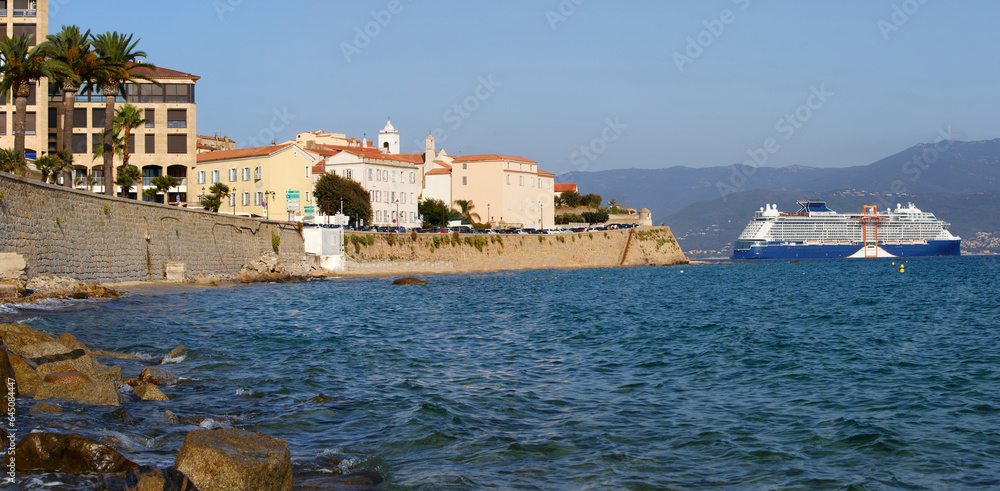 Panoramic spring cityscape of Ajaccio town and beach . Splendid morning scene of Corsica island, France, Europe. Beautiful Mediterranean seascape.