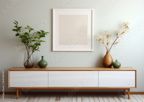 Mock up square frame, Empty square frame mockup wooden on the wooden cabinet in modern minimalist interior on white wall background, Scandinavian style
