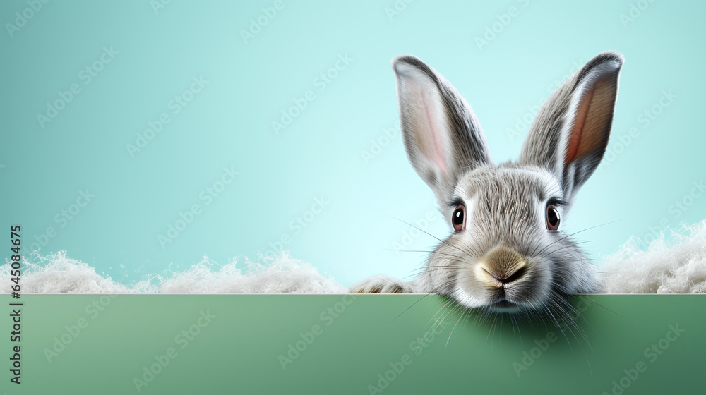 Obraz premium text space for advertising with funny part as portrait of a bunny peeking over a colored panal