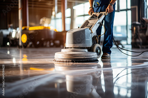  Worker polishing hard floor with high speed polishing machine