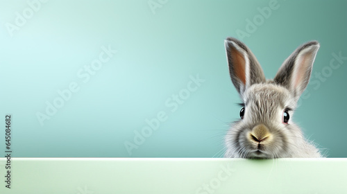 text space for advertising with funny part as portrait of a bunny peeking over a colored panal © bmf-foto.de