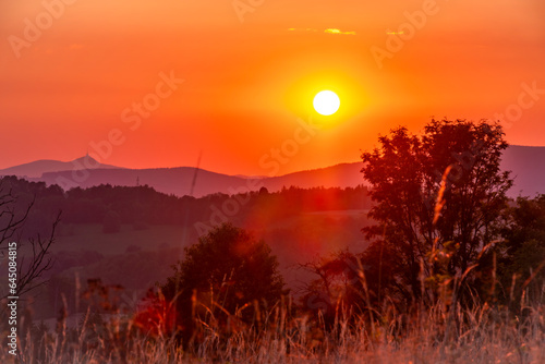 Color dark hot meadow with sunset color view of summer sun