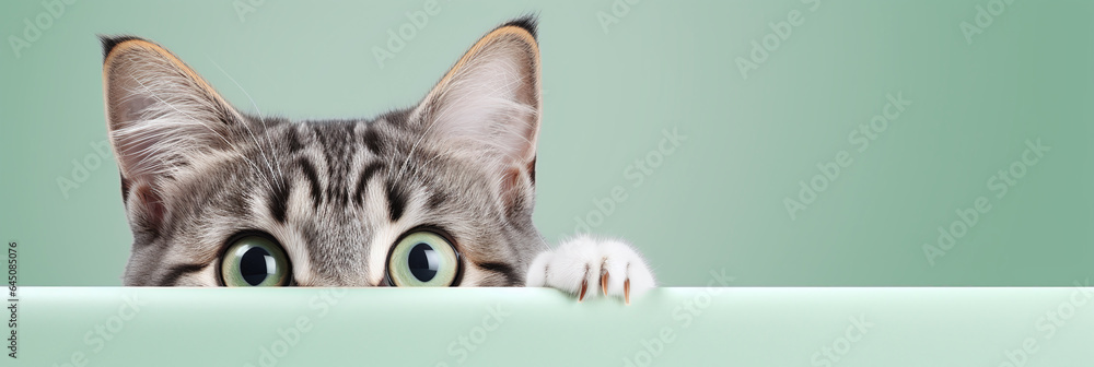 text space for advertising with funny part as portrait of a cat peeking over a colored panal - obrazy, fototapety, plakaty 