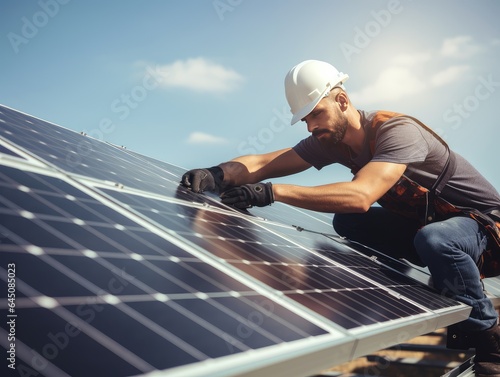 A worker on the roof kneels next to solar panels. for a sustainable life. solar energy. green technologies.