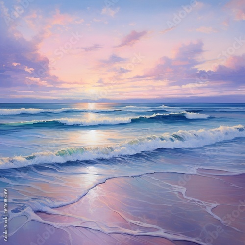Waves gently kissing the sandy shore under a pastel-hued sky during twilight  © nomi_creative