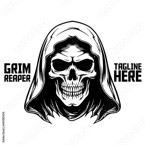 Monochrome Grim Reaper Vector Illustration: Death, Skull, Skeleton, Face, Hand-Drawn Design for Logo, Label, Emblem, Sign, Brand Mark, Poster, T-Shirt Print