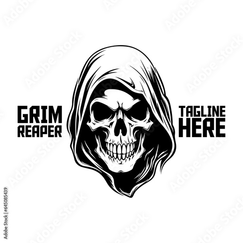 Grim Reaper in Monochrome: Skull, Skeleton, Face, Hand-Drawn Vector Illustration for Logo, Label, Emblem, Sign, Brand Mark, Poster, T-Shirt Print