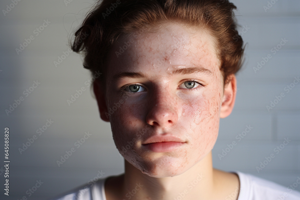 Teenage boy with pimple on face, Skin Care for boys and Blemish Solutions concept. Digital Ai - obrazy, fototapety, plakaty 