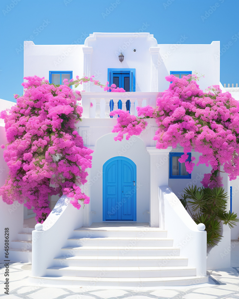 Naklejka premium a white house in cyprus, greece with blue doors and purple flower in the style of pop inspo