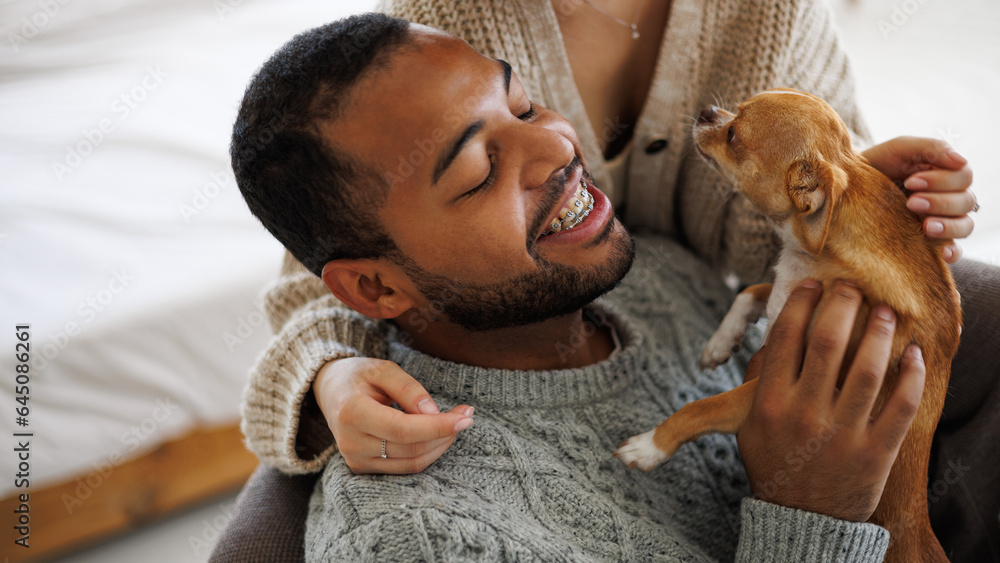 Obraz premium Banner image of smiling african american man in sweater holding chihuahua dog near girlfriend at home
