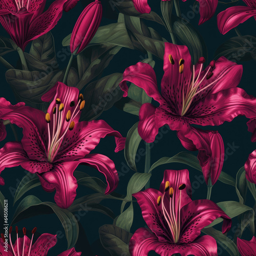 Hand painted pink color lily flowers seamless pattern. Generative AI photo