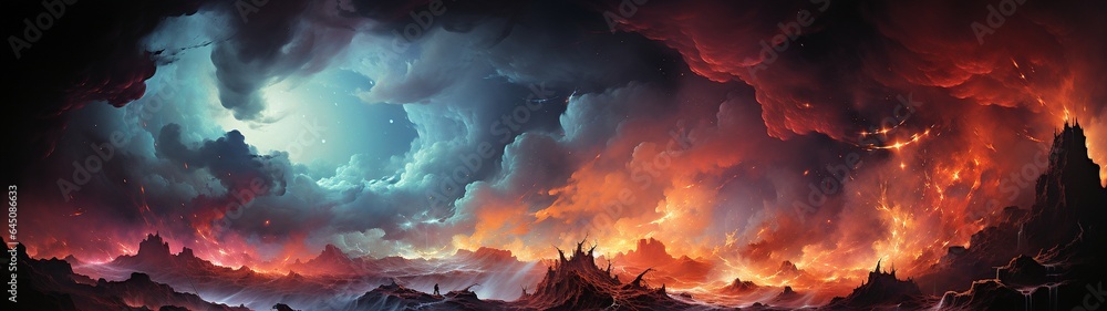 Naklejka premium A gloomy fantasy landscape with fiery rivers of magma and black clouds of smoke. High quality illustration