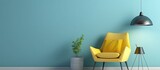 Modern yellow chair and lamp in interior design scene with pale blue wall, empty space in wall.