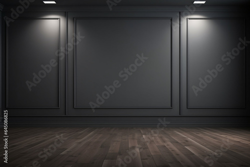 black empty wall and wooden floor with interesting glare of lights . Interior background for the product presentation  © Muneeb