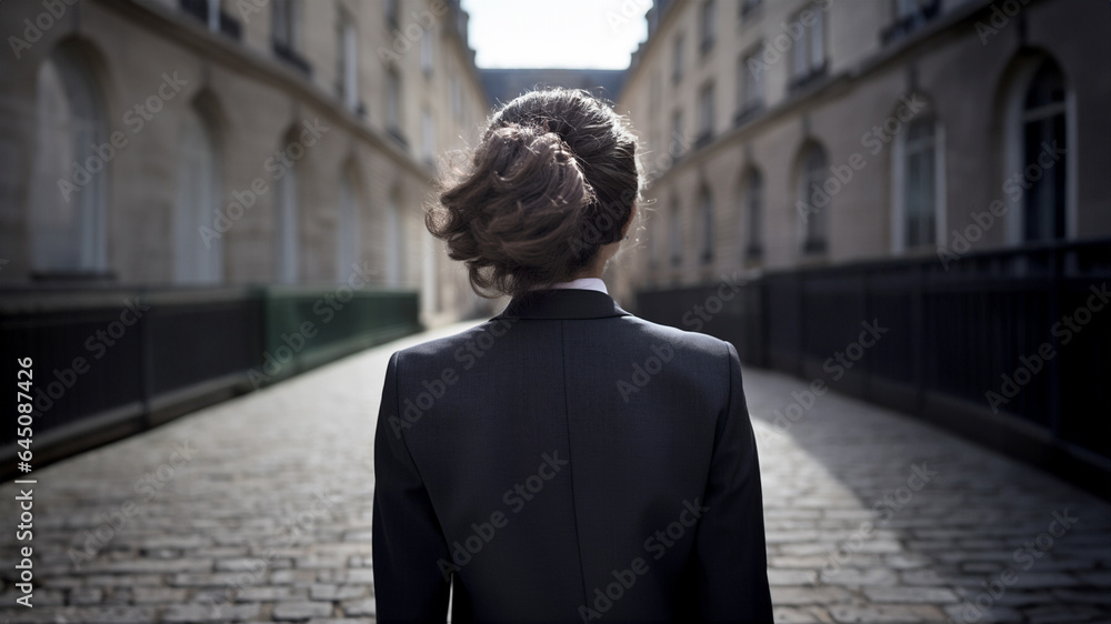 A woman lawyer from the back, an unrecognizable business woman walking in a Parisian street.