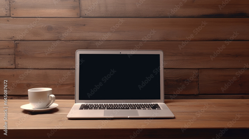 Laptop with blank screen and coffee cup on a wooden table. Laptop with blank screen and coffee cup on a wooden table.