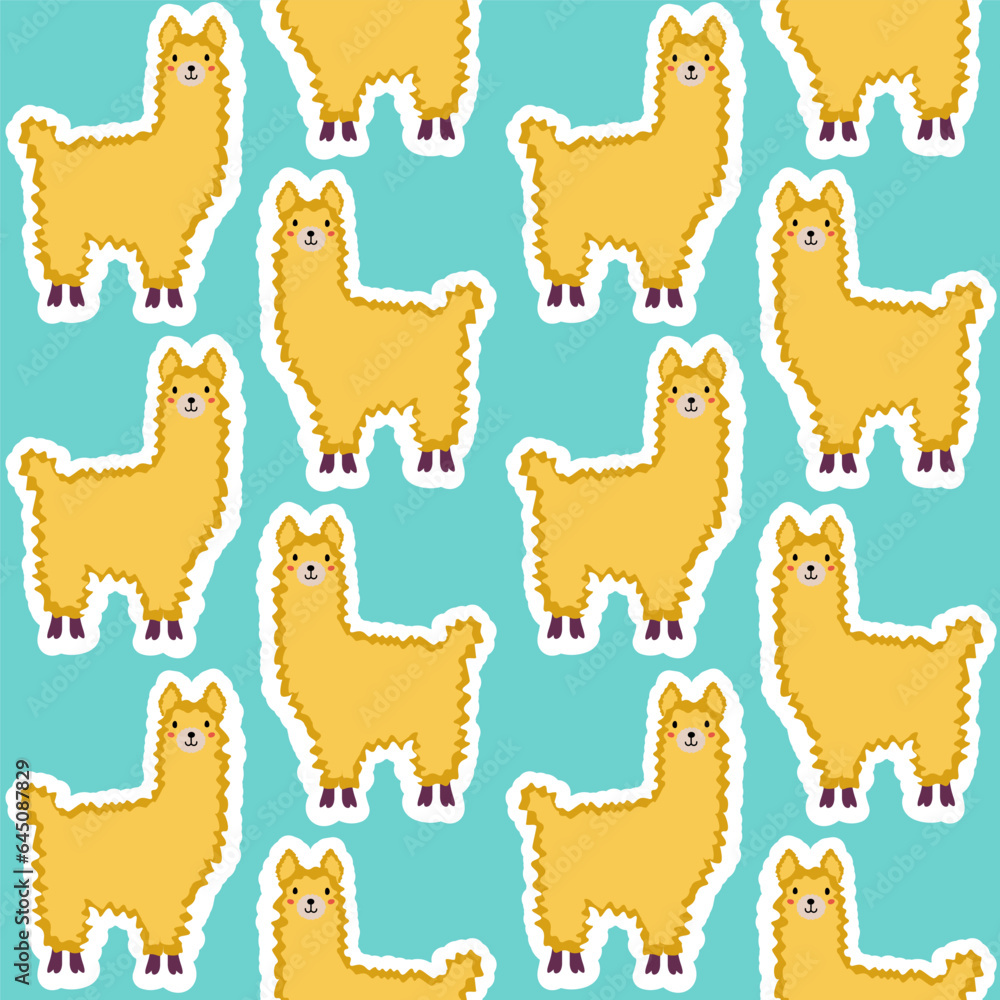 Naklejka premium Vector sticker pattern with llama.Tropical jungle cartoon creatures.Pastel animals background.Cute natural pattern for fabric, childrens clothing,textiles,wrapping paper