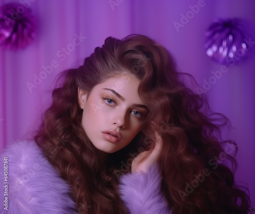 Beautiful girl on a purple background. The girl in purple. Generative AI