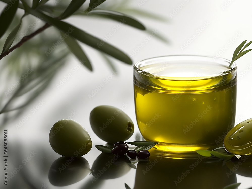 A glass cup filled with olive oil with olives - AI Generative A glass cup filled with olive oil with olives - AI Generative