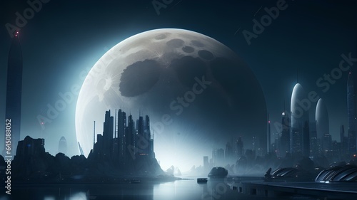 A Futuristic Sleek looking City with a giant moon in the background  © Marcos