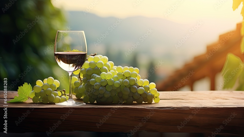 A bunch of grapes and one glasse of white wine or juice at sunset. Illustration for cover, card, postcard, interior design, decor, packaging, invitations, advertising, marketing or print.