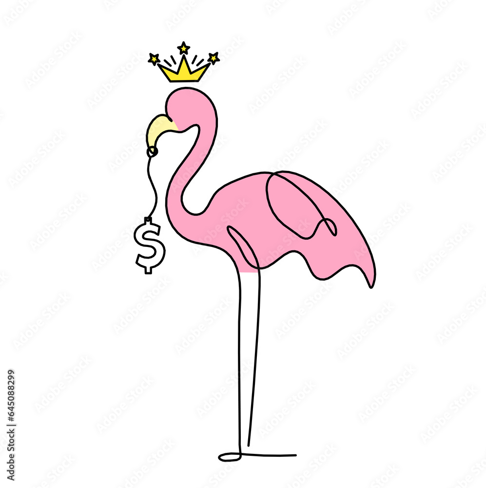 Fototapeta premium Silhouette of abstract color flamingo with dollar as line drawing on white