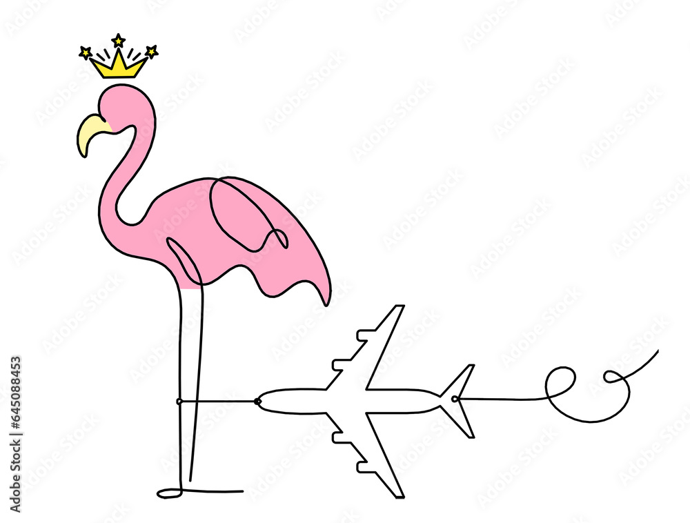 Obraz premium Silhouette of abstract color flamingo with plane as line drawing on white