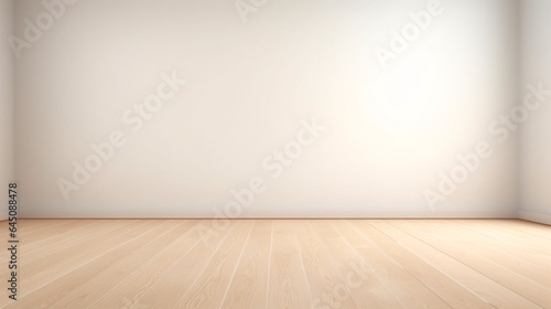 empty white room with wooden floor with interesting light glare for product placement