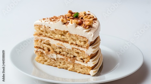 A piece of cake made from layers of biscuit with a cream layer. Fresh appetizing dessert. Illustration for cover, postcard, postcard, interior design, decor, advertising or marketing.