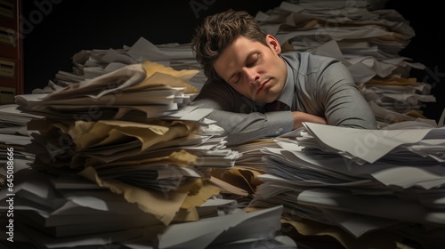 Tired office worker sleeps at the workplace on a pile of documents. The concept of workaholism and overtime that leads to exhaustion. Illustration for banner, poster, cover, brochure or presentation. photo
