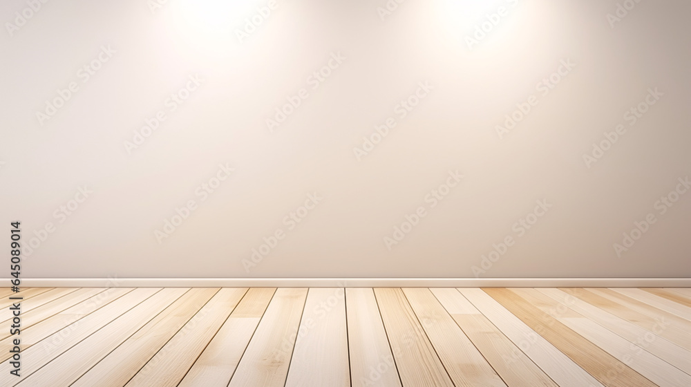 empty white room with wooden floor with interesting light glare for product display