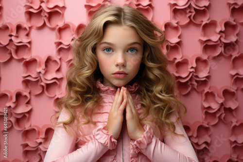 Beauty in pink 1940s-1950s dress with long hair, in a prayerful pose, amidst a backdrop blending nostalgic elegance with neo-pop surrealistic elements.