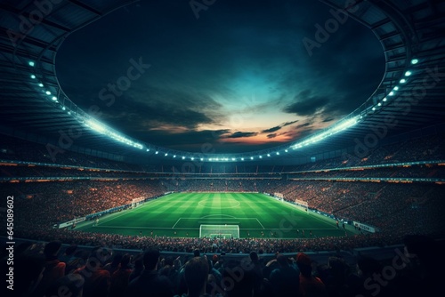 Nighttime view of a stadium hosting a football match. Generative AI © Corin