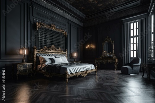 Opulent black bedroom featuring a spacious regal bed in a modern, clean, and atmospheric castle interior. Generative AI