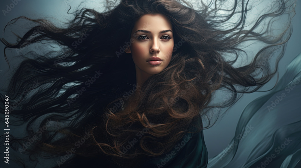 Portrait of a beautiful brunette woman with long curly hair, flying in the wind. Portrait of a beautiful brunette woman with long curly hair, flying in the wind.