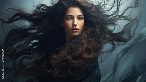 Portrait of a beautiful brunette woman with long curly hair, flying in the wind.