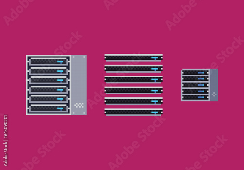 Pixel art vector illustration of grey server rack cabinet, server blade icon set. Cloud computing technology object on dark background